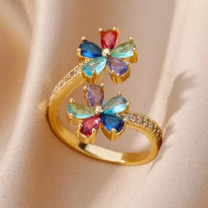 New Colorful Zircon Double Flower Open Ring Charming Shiny Flora Gold/Silver Color Ring Women's Daily Wear Jewelry